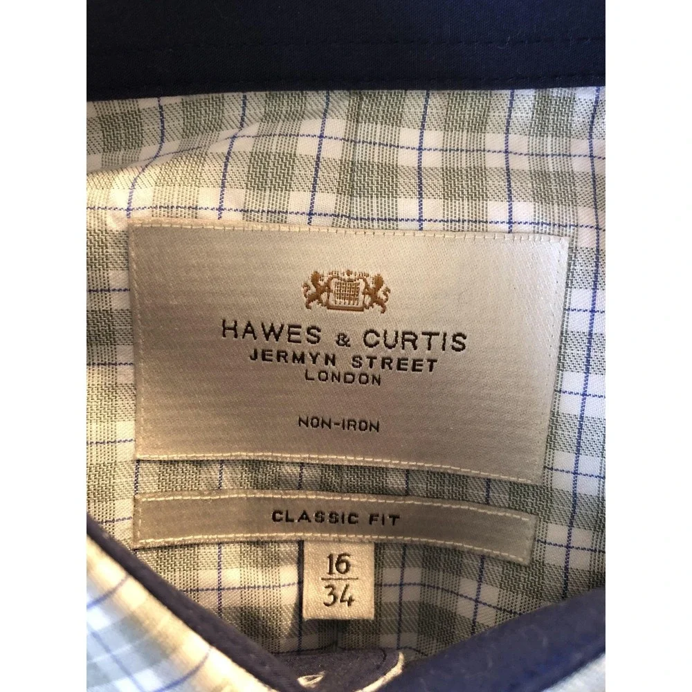 Hawes & Curtis Shirt Mens 16 34 Green Plaid Classic Fit Non-Iron Long Sleeve